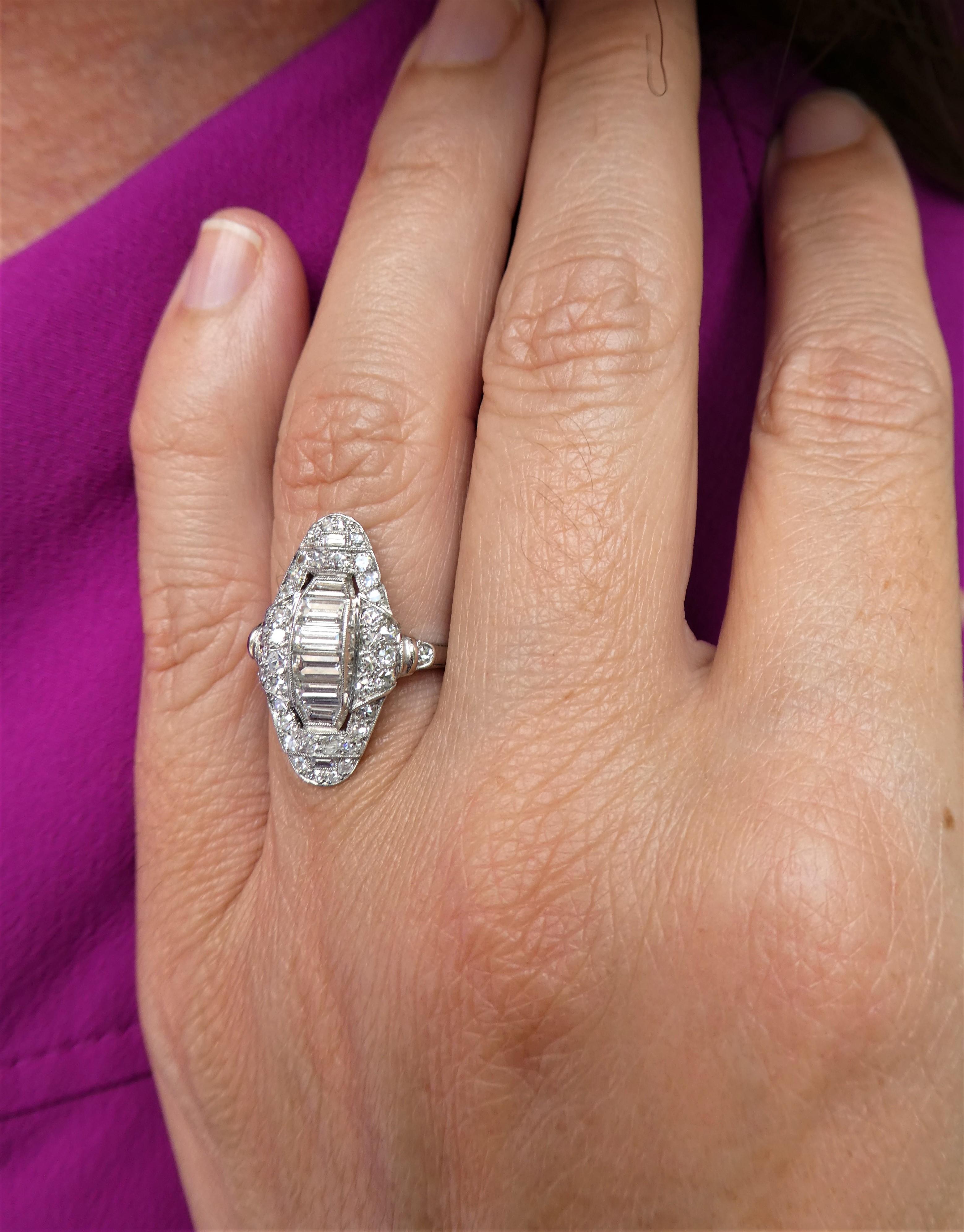Art Deco Baguette and Round Diamond Platinum Cluster Ring For Sale 3