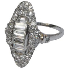Art Deco Baguette and Round Diamond Platinum Cluster Ring