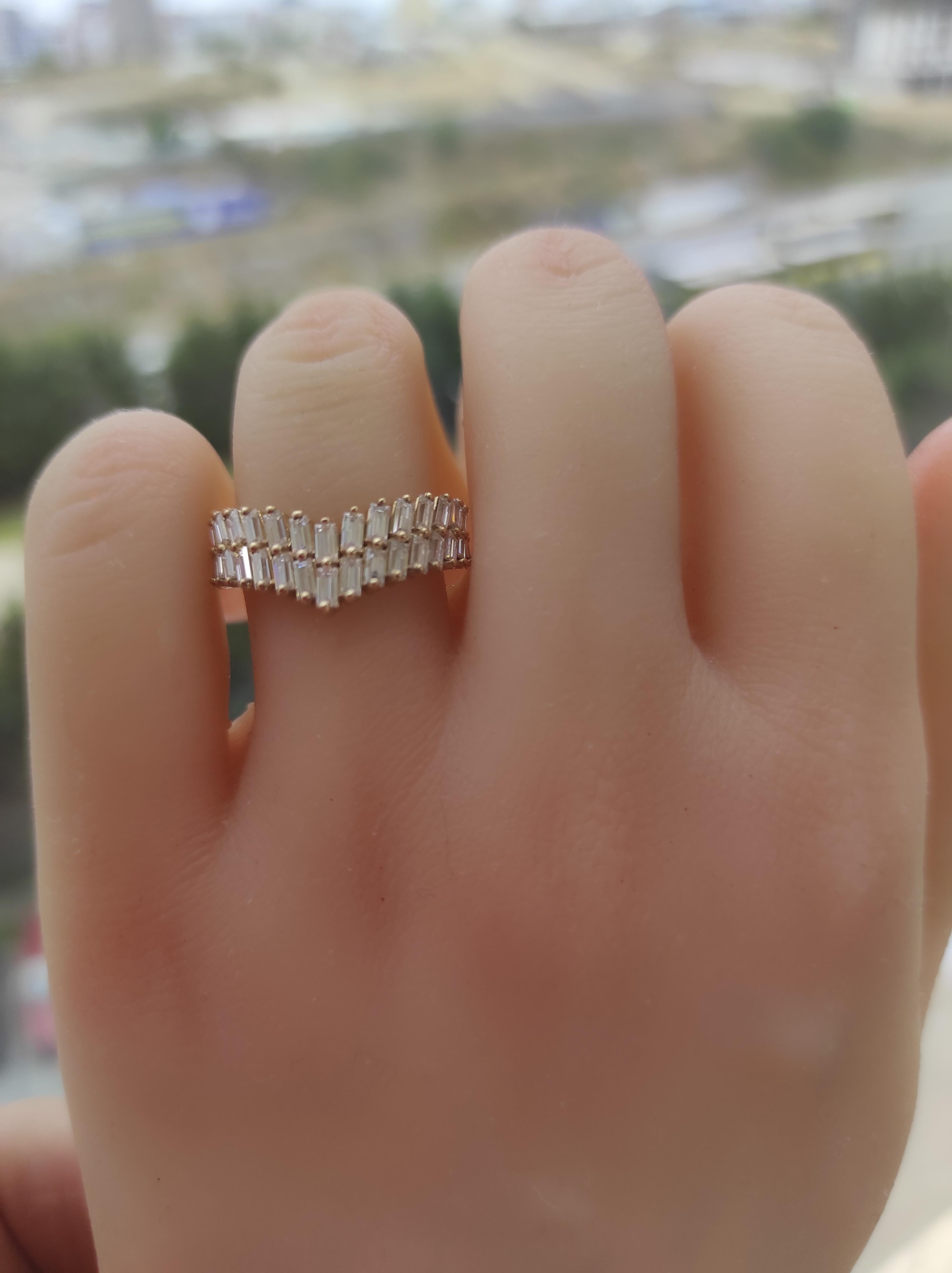 Art Deco Baguette Chevron 14k gold ring 7