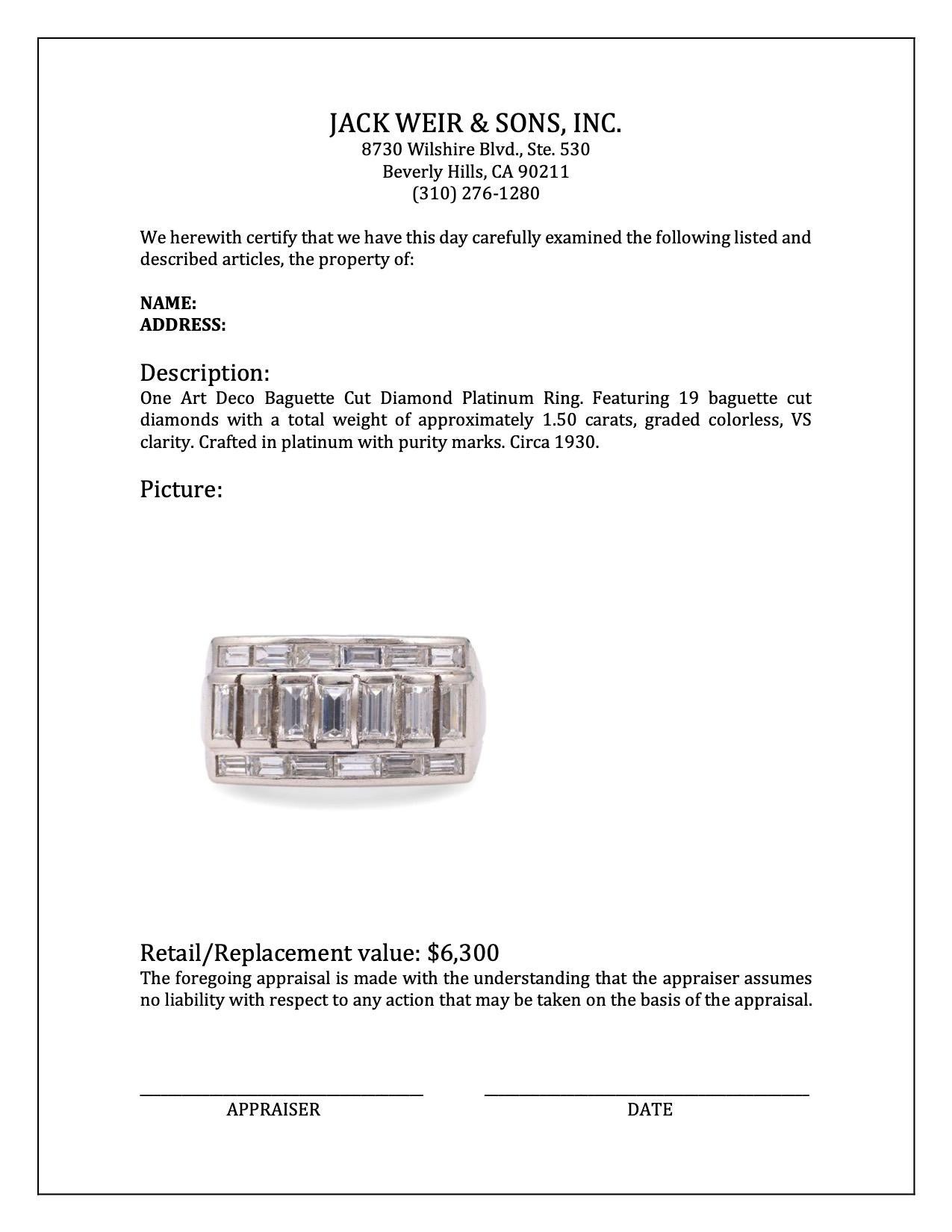 Art Deco Baguette Cut Diamond Platinum Ring For Sale 1