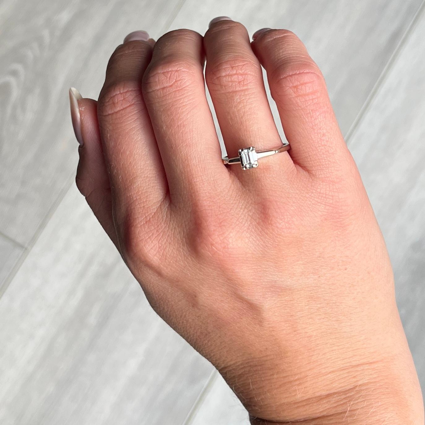 Baguette Cut Art Deco Baguette Diamond and 14 Carat White Gold Solitaire Ring For Sale