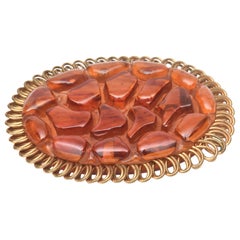Art Deco Bakelite and Brass Carved Oval Pin Brooch