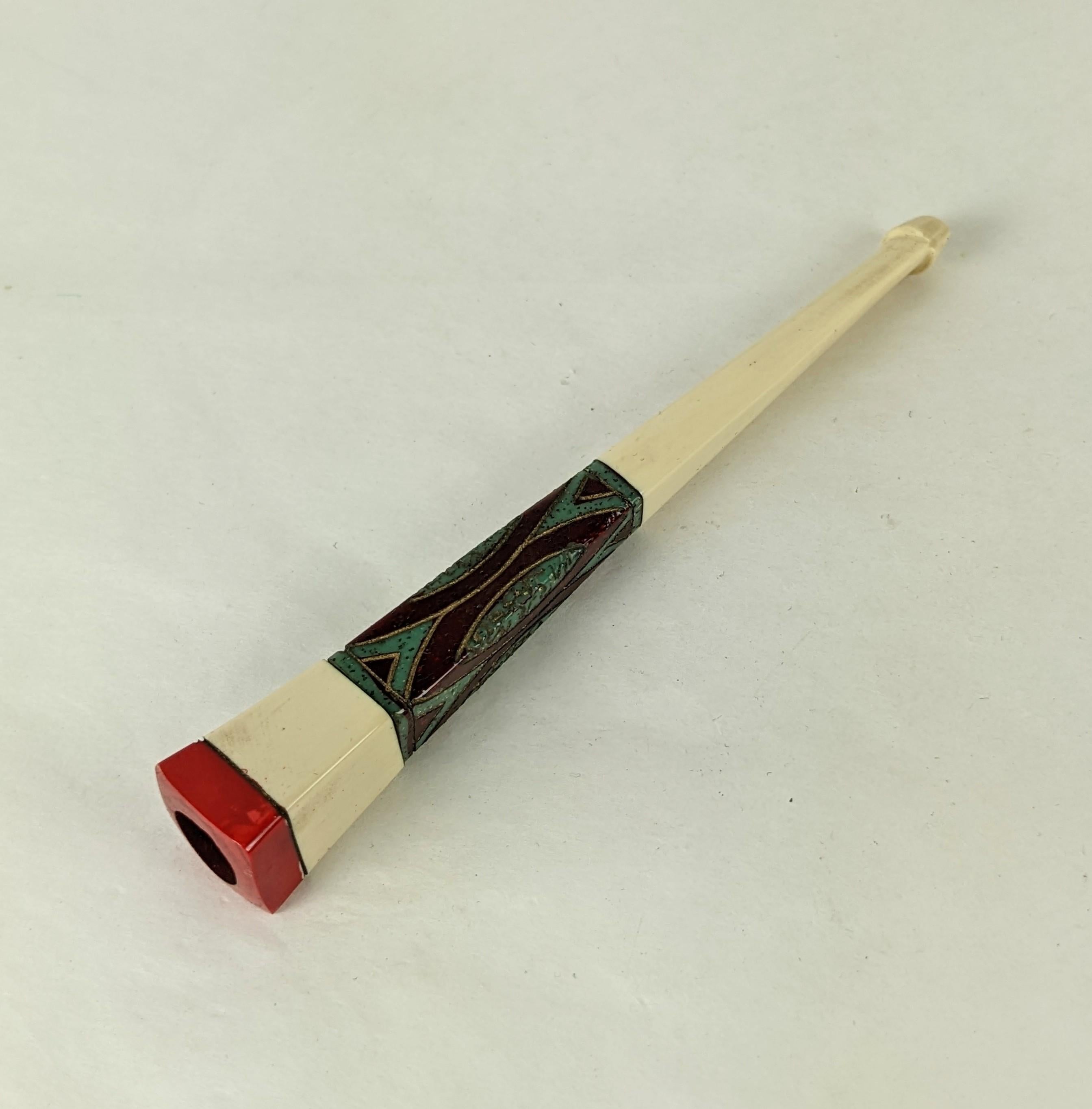 Art Deco Bakelite and Carved Bone Egyptian Revival Cigarette Holder with Case In Good Condition For Sale In New York, NY