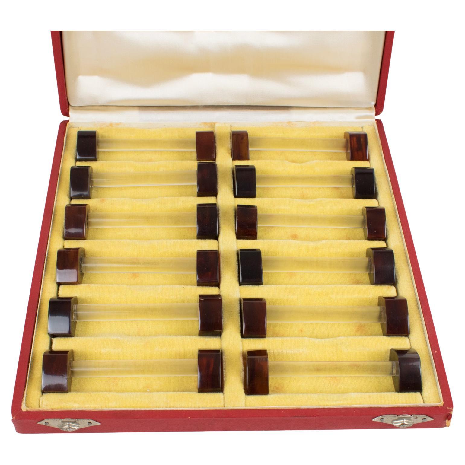 Apoyacuchillos Art Decó de baquelita y cristal, 12 piezas en caja