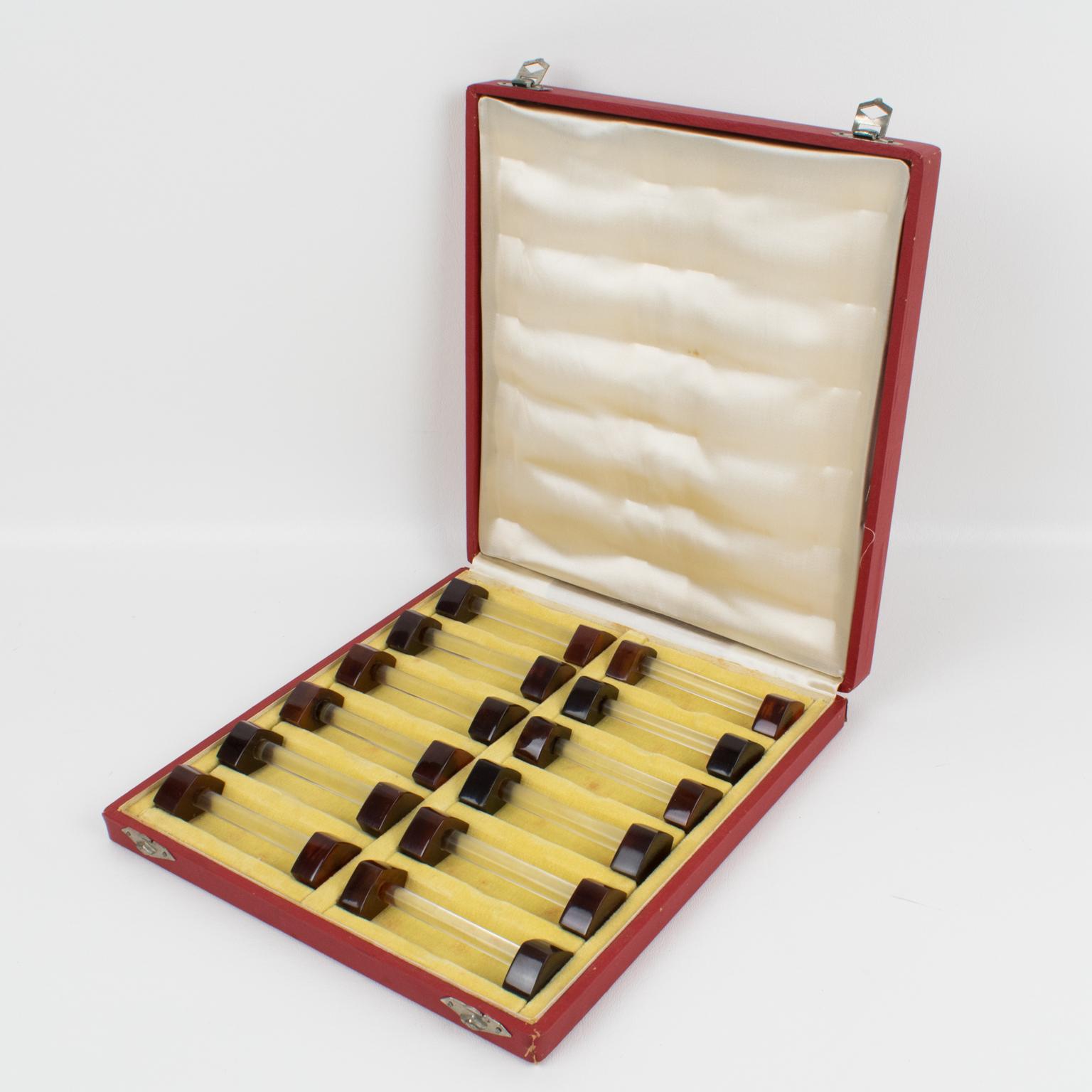 Art Deco Bakelit und Glas Essstäbchen Messerablagen Set, 12 Pieces in Box (Art déco) im Angebot