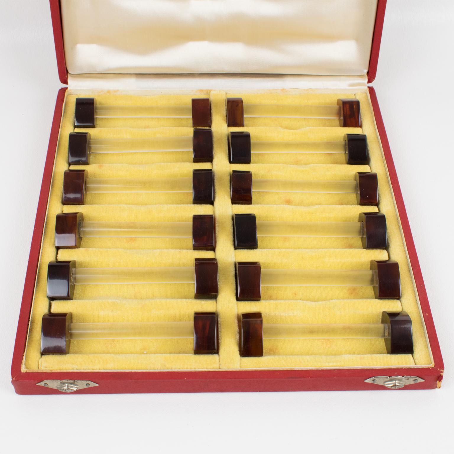 Art Deco Bakelit und Glas Essstäbchen Messerablagen Set, 12 Pieces in Box (Französisch) im Angebot