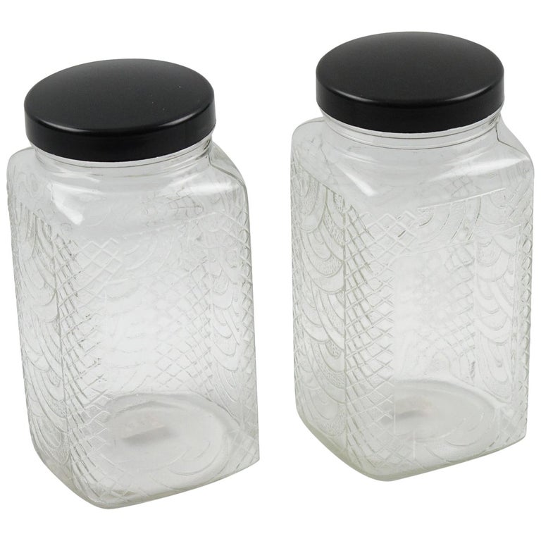 Art Deco Bakelite And Molded Glass Kitchen Canister Jar Set