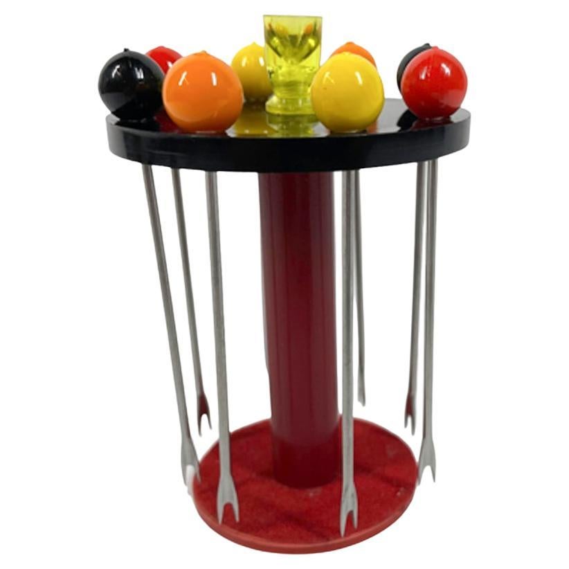Art Deco Bakelite "Bistro Table" Cocktail Picks/Stand, 2 Each of 4 Color Picks