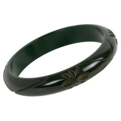 Art Deco Bakelite Carved Bracelet Bangle Army Green Color