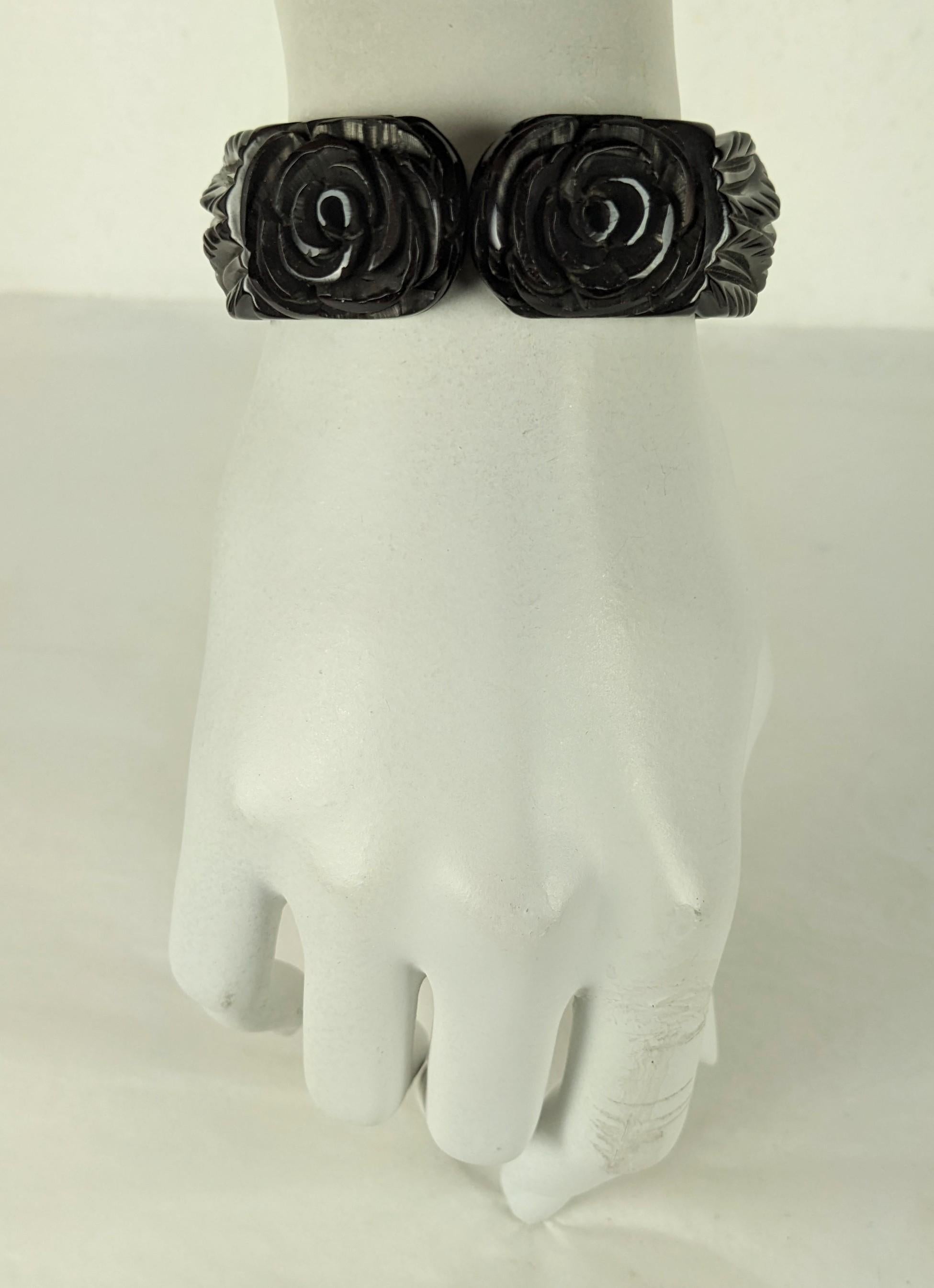 Women's Art Deco Bakelite Carved Rose Clamper Bracelet For Sale