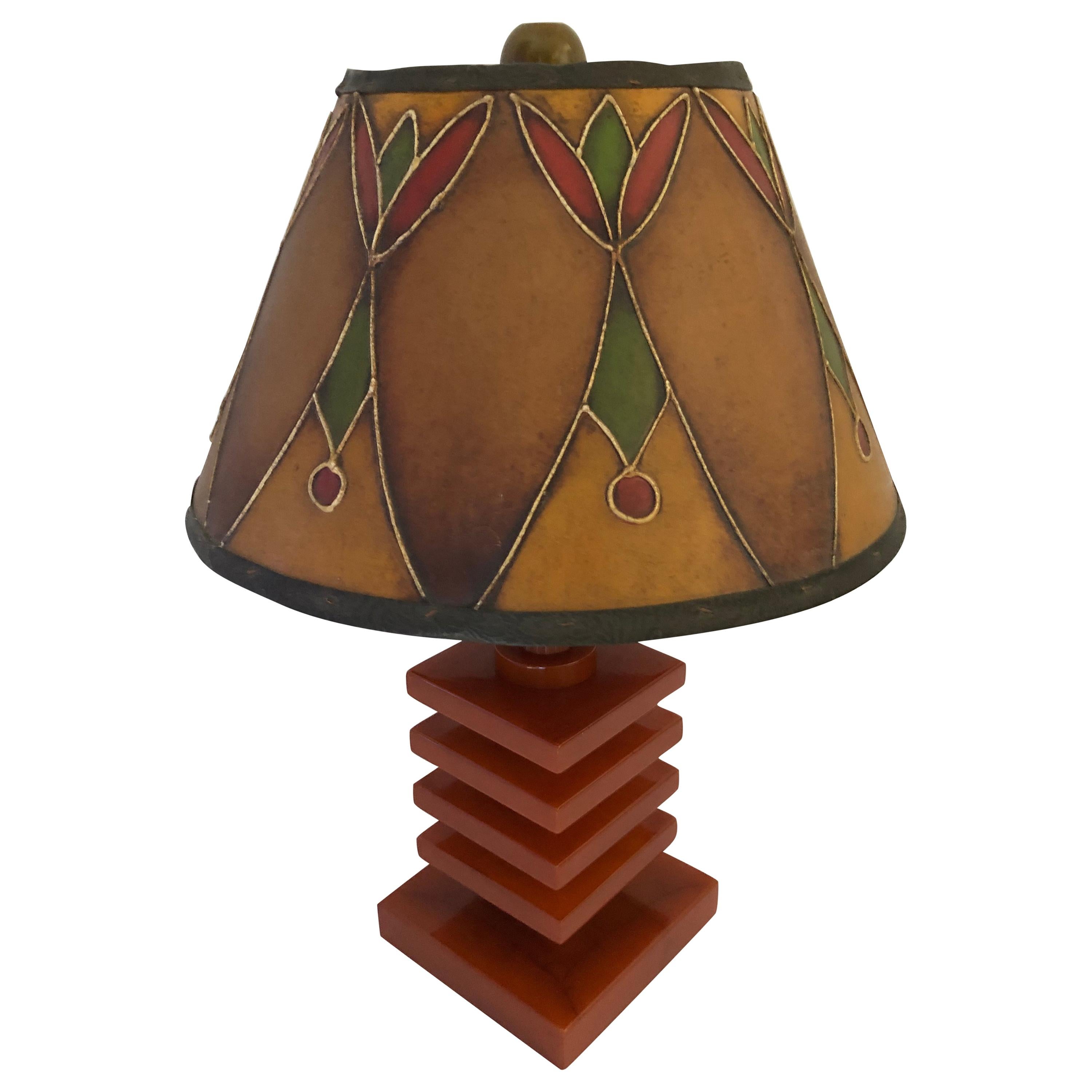 Art Deco Bakelite / Catalin and Hand Decorated Shade Lamp For Sale