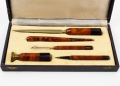 Art Deco Bakelite Desk Writing Accessory, 5 pieces in box, France 1930s
