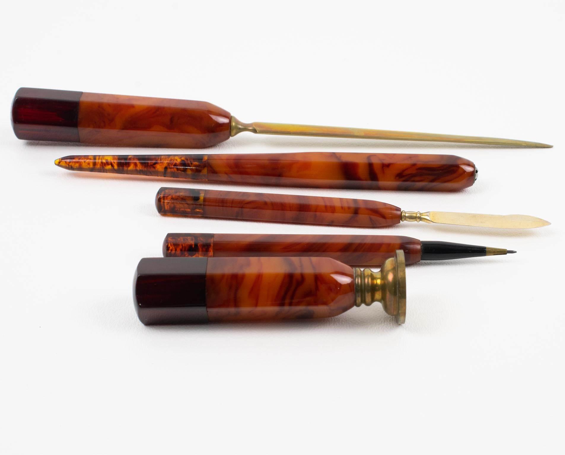 Mid-20th Century Art Deco Bakelite Desk Writing Accessory, 5 pieces in box, France 1930s For Sale