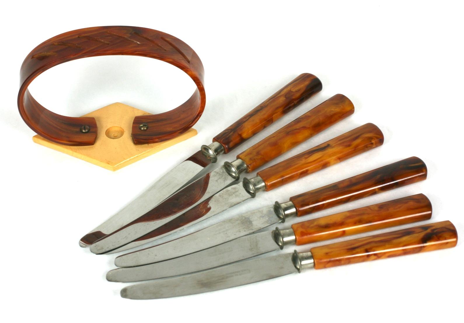 Brown Art Deco Bakelite Fruit Knife Set For Sale