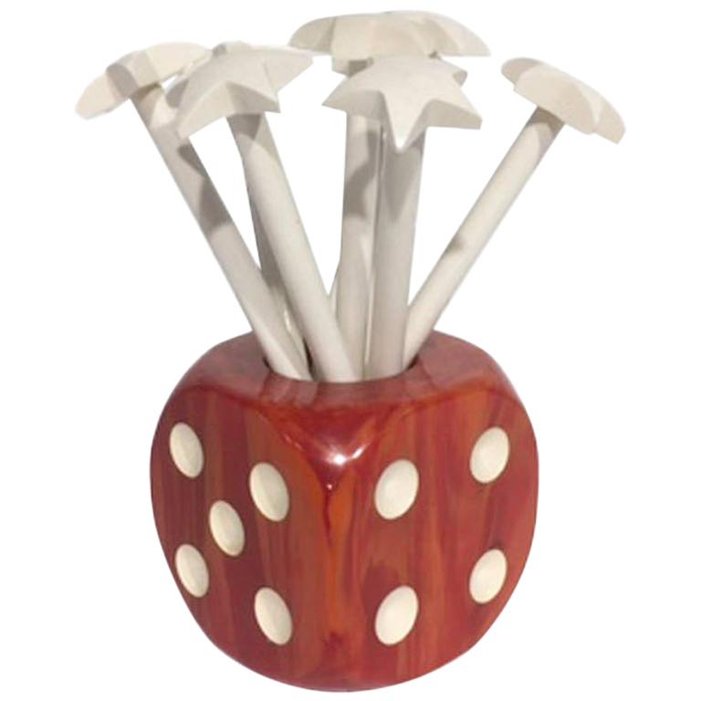 Art Deco Bakelite Star-Shaped Cocktail Muddlers in Dice Motif Holder