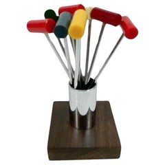 Art Deco, Bakelite Topped, Mallet-Form Cocktail Picks in a Chrome & Wood Stand