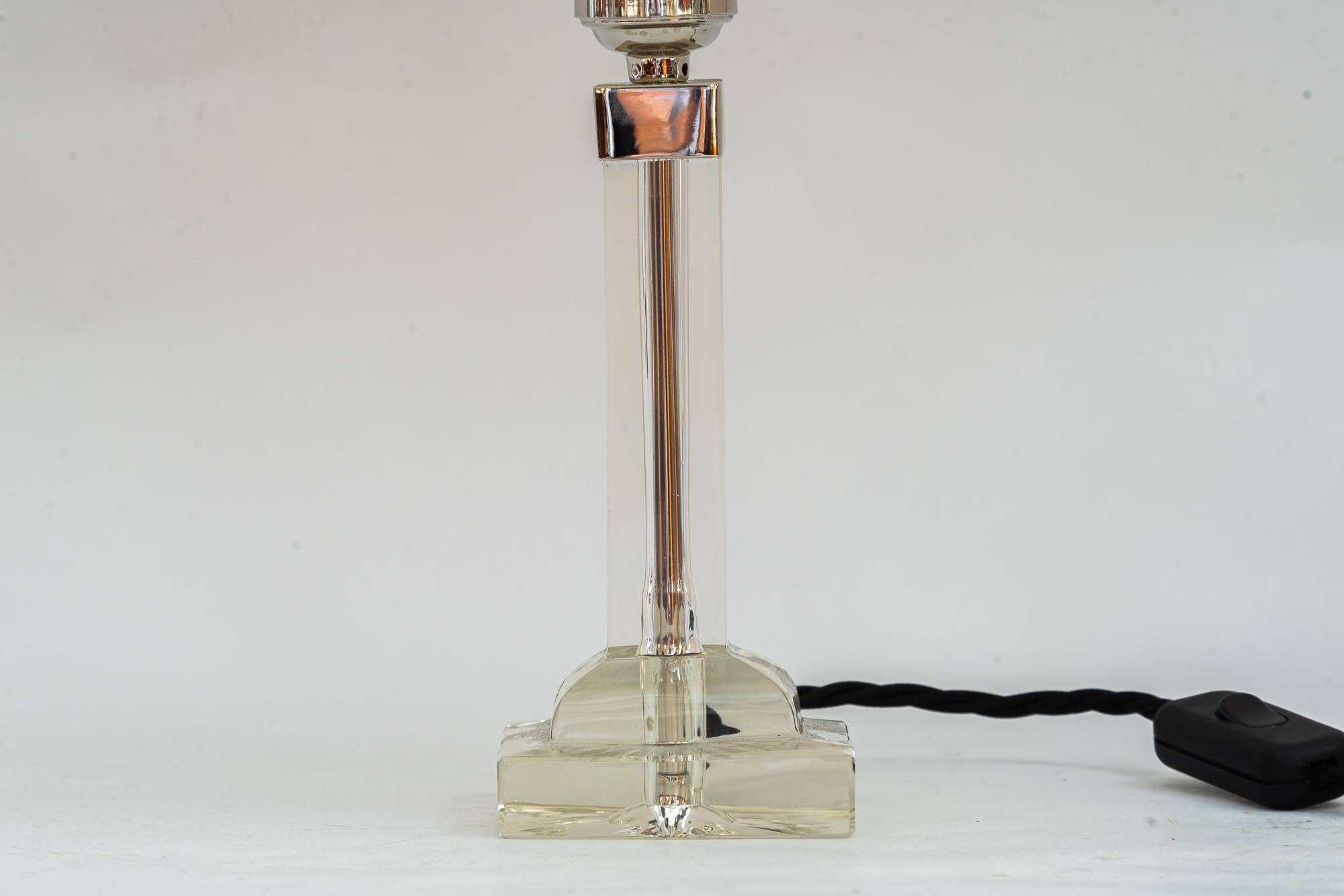 Plated Art Deco Baklowits Glass Table Lamp with Fabric Shade Vienna Around 1920s For Sale