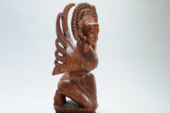 Art Deco Balinese Wood Carved Women Lady Statue, Indonesia, Mid 20th Century