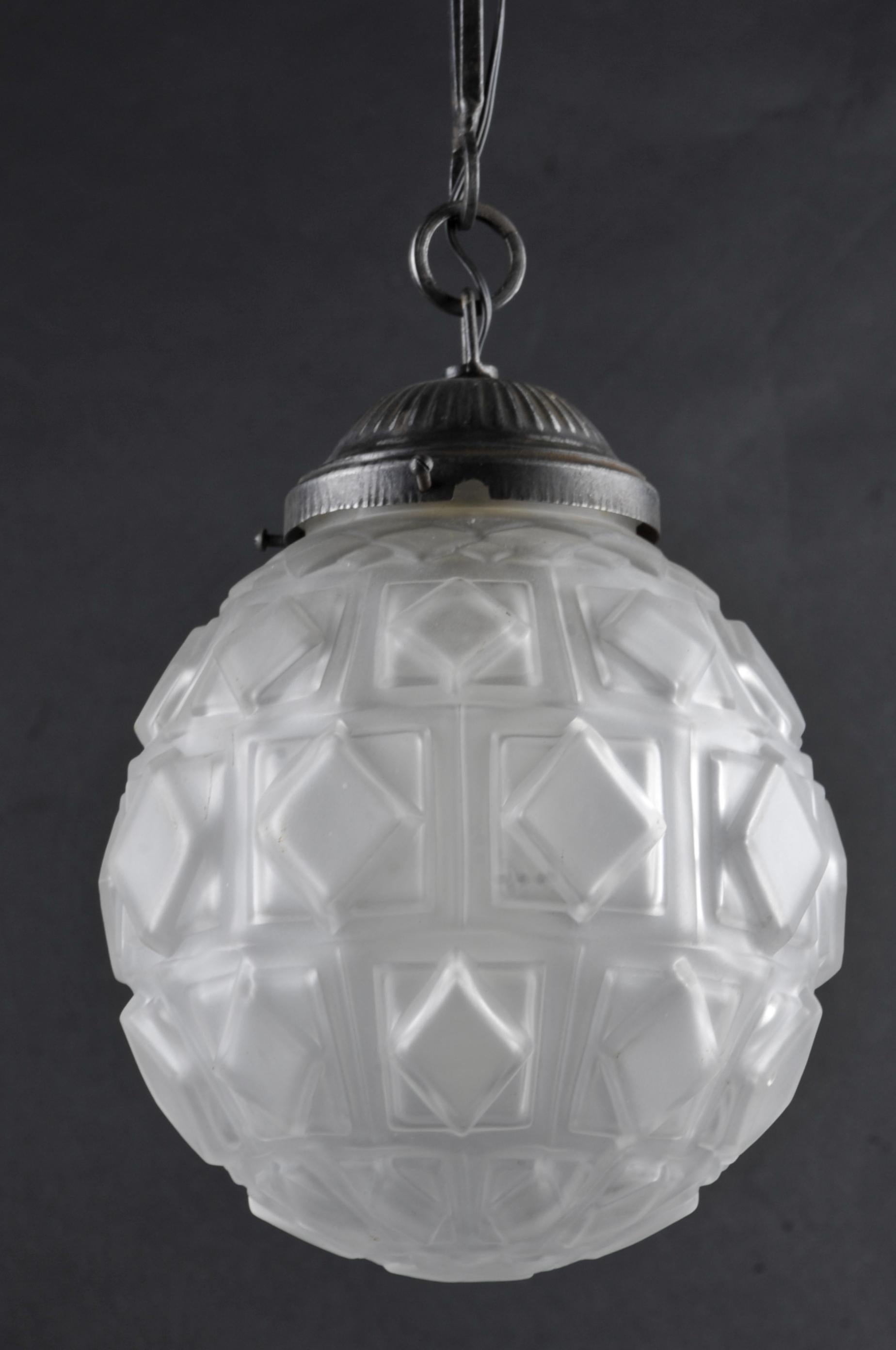 European Art Deco Ball Chandelier in Molded Glass and Wrought Iron For Sale