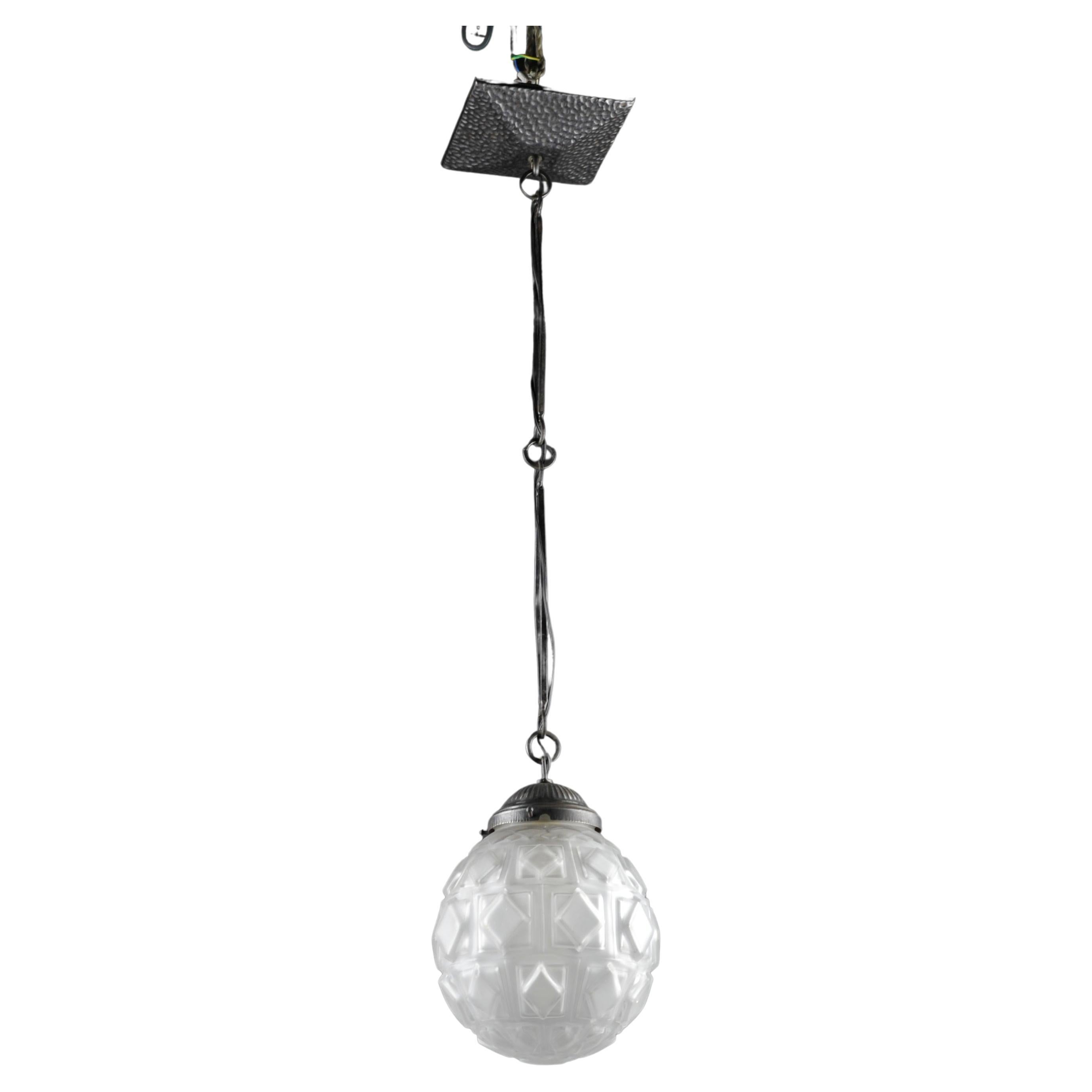 Art Deco Ball Chandelier in Molded Glass and Wrought Iron For Sale
