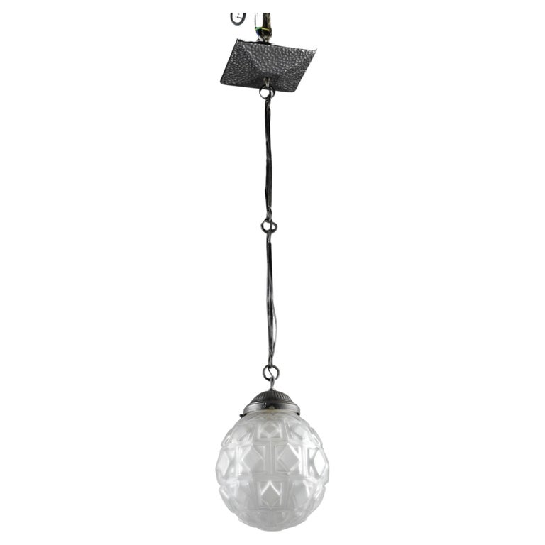 Art Deco Ball Chandelier In Molded Glass And Wrought Iron For Sale At