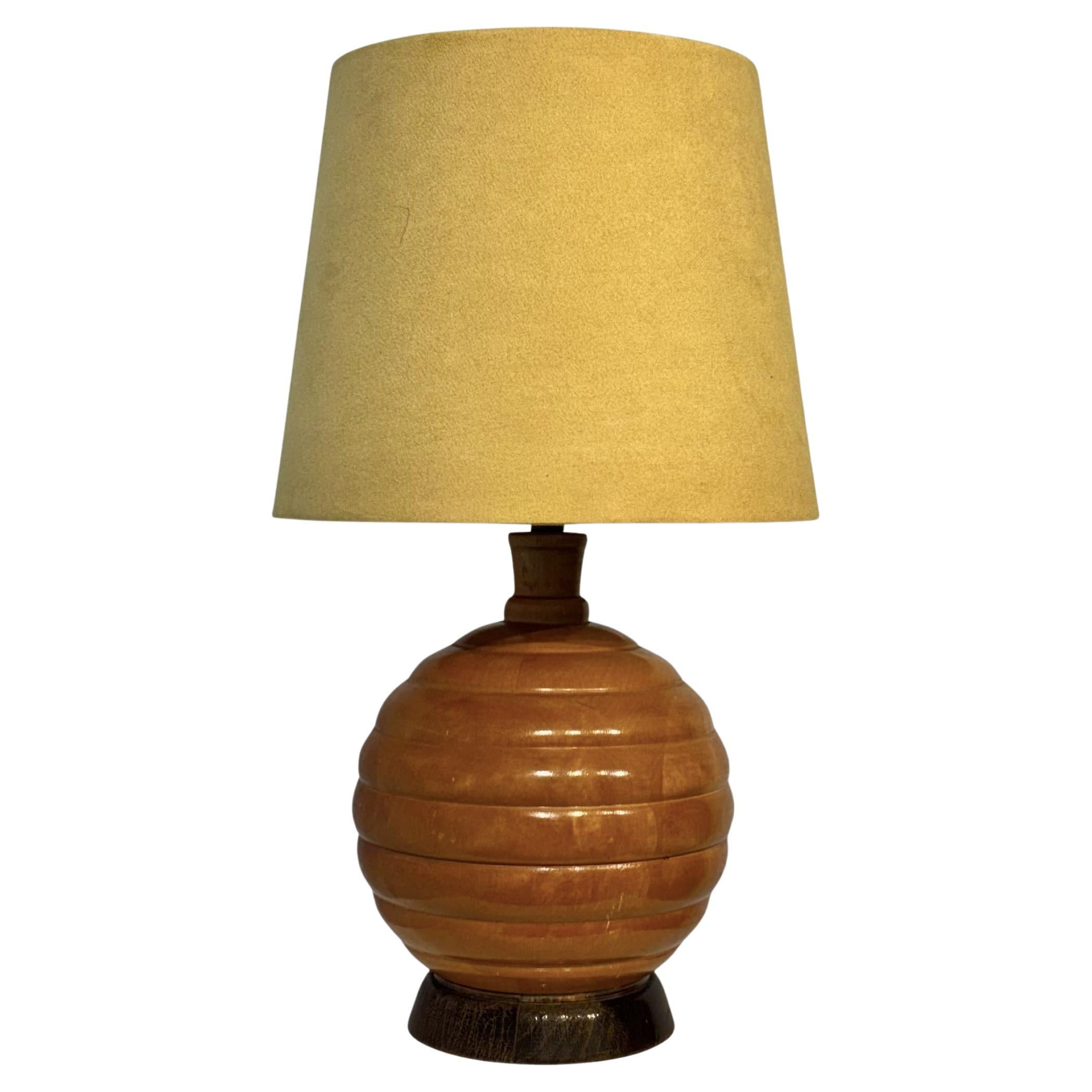 Art deco ball shaped table lamp, turned birchwood, Sweden, 1930s