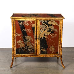 Art Deco Bamboo & Cubist Red & Black Geometric Detailed Gilt Chinoiserie Cabinet