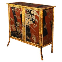 Art Deco Bamboo & Cubist Red & Black Geometric Detailed Gilt Chinoiserie Cabinet