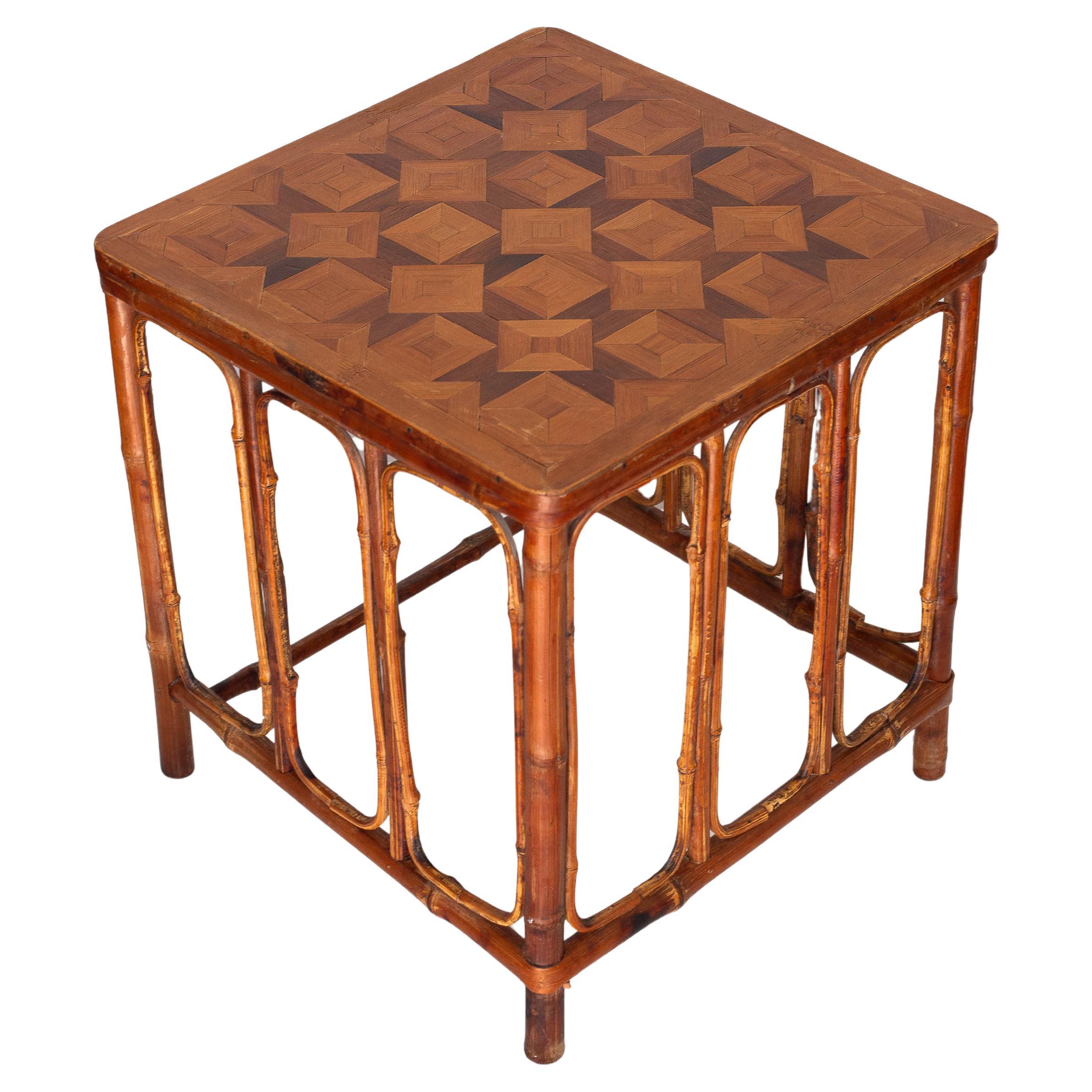 Art Deco Bamboo Side Table / End Table - Parquetry Inlaid Tabletop - Circa 1930