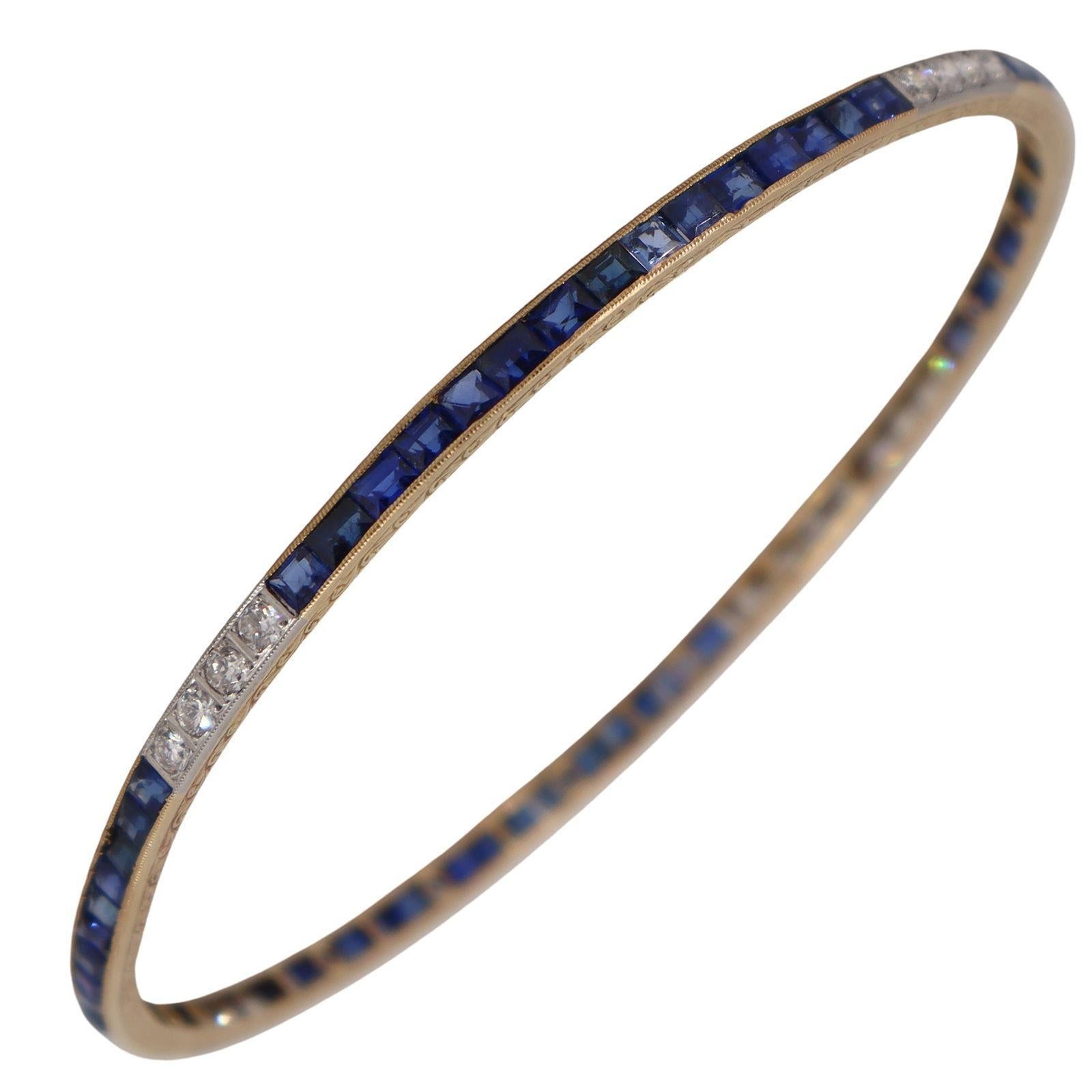 Art Deco Bangle Bracelet in 18kt Gold with Gem quality Sapphires and Diamonds