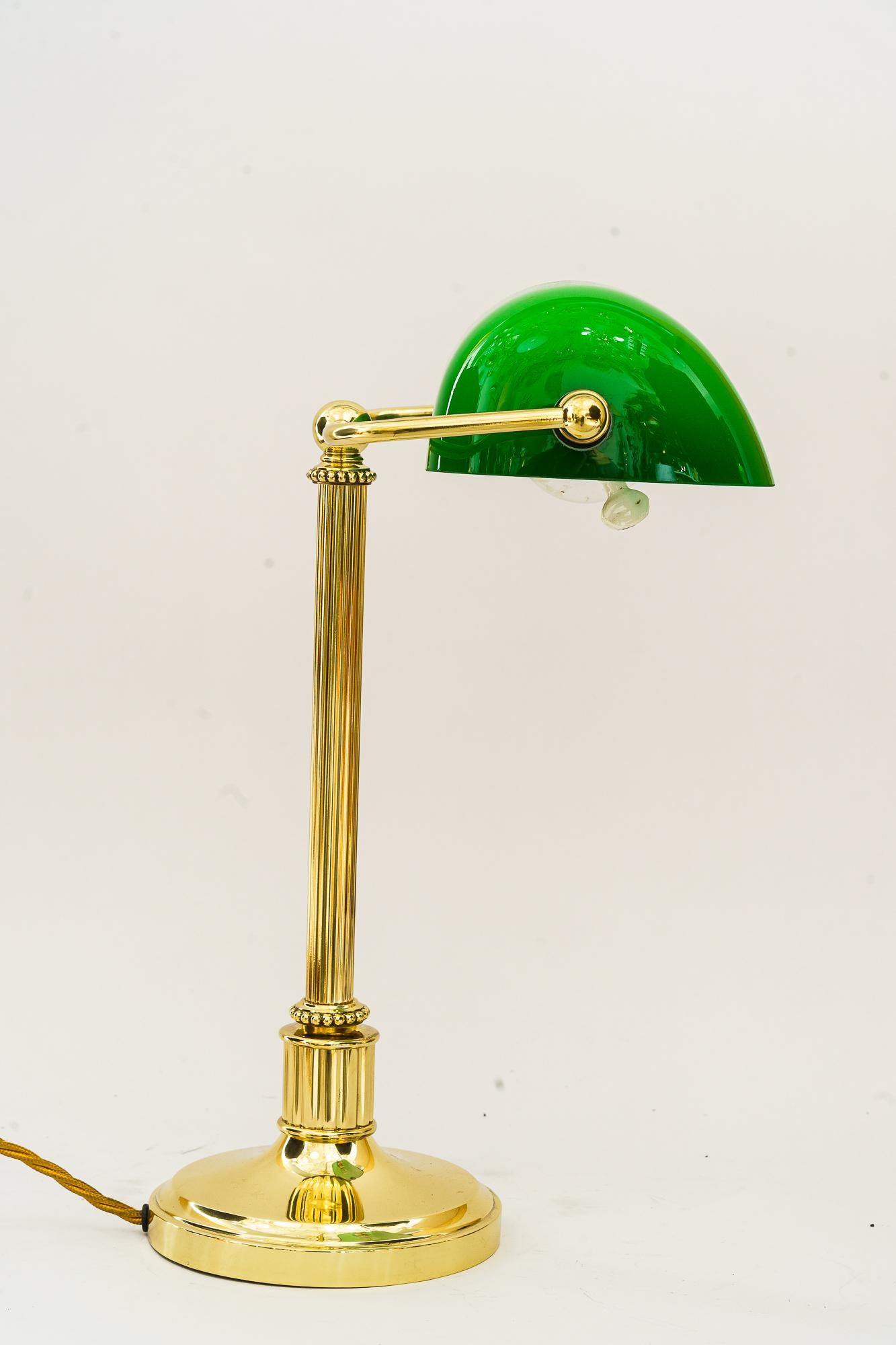 Polished Art Deco Banker Lamp with Green Glass Shade, Vienna, Around 1920s For Sale