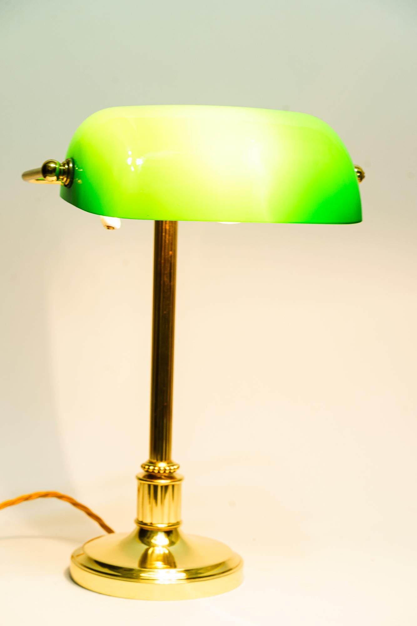 Brass Art Deco Banker Lamp with Green Glass Shade, Vienna, Around 1920s For Sale