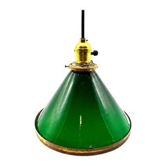 Art Deco Banker/Poker Hanging Ceiling Light w/ 9" Brass Rim Green Glass Shade