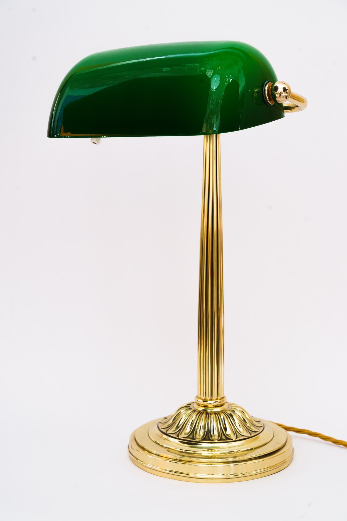 Austrian Art Deco Banker Table Lamp with Green Glass Shade Vienna Around, 1920s