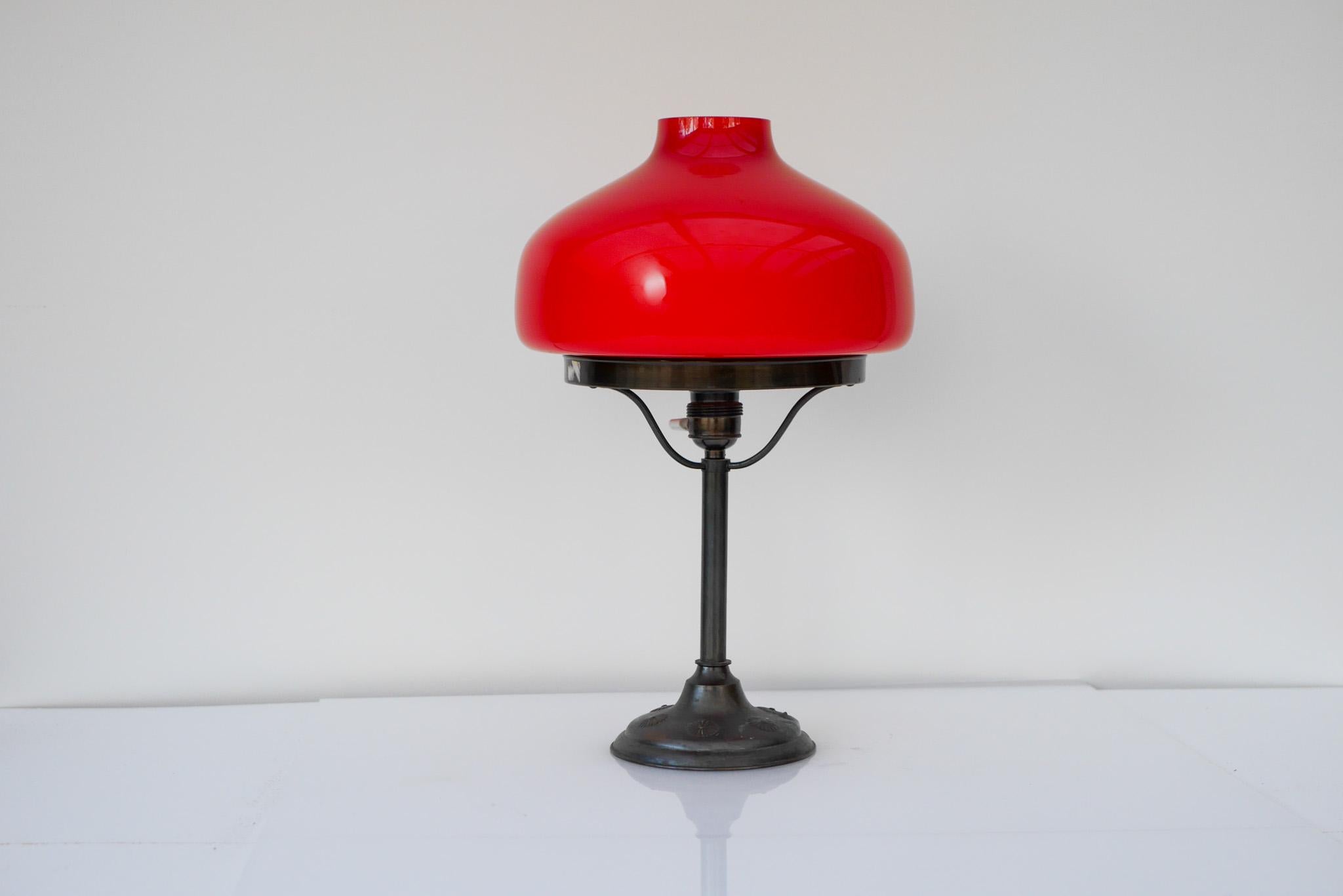 Mid-20th Century Art Deco Banker's Desk Lamp style with red mushroom glass dome, Sweden
