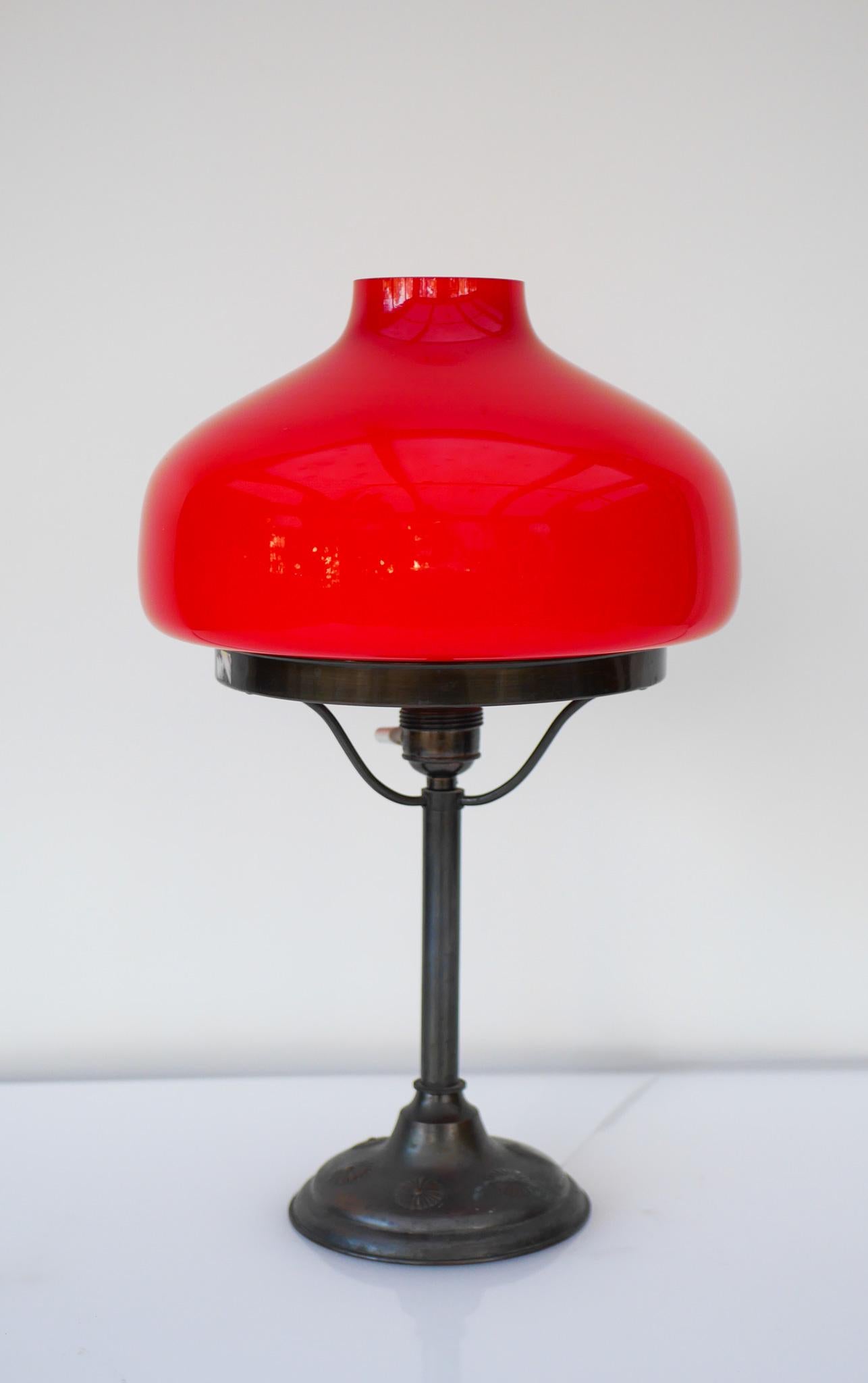 Metal Art Deco Banker's Desk Lamp style with red mushroom glass dome, Sweden