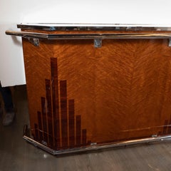 Bar Art déco, orme brossé avec incrustations de gratte-ciel en bois de rose et quincaillerie nickelée