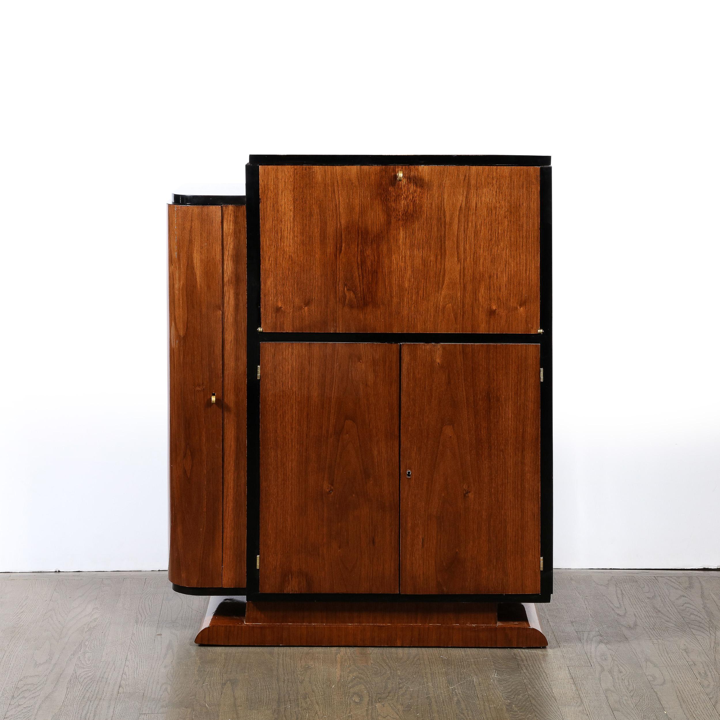 American Art Deco  Bar Cabinet in Book-Matched Walnut with Black Lacquer Accents
