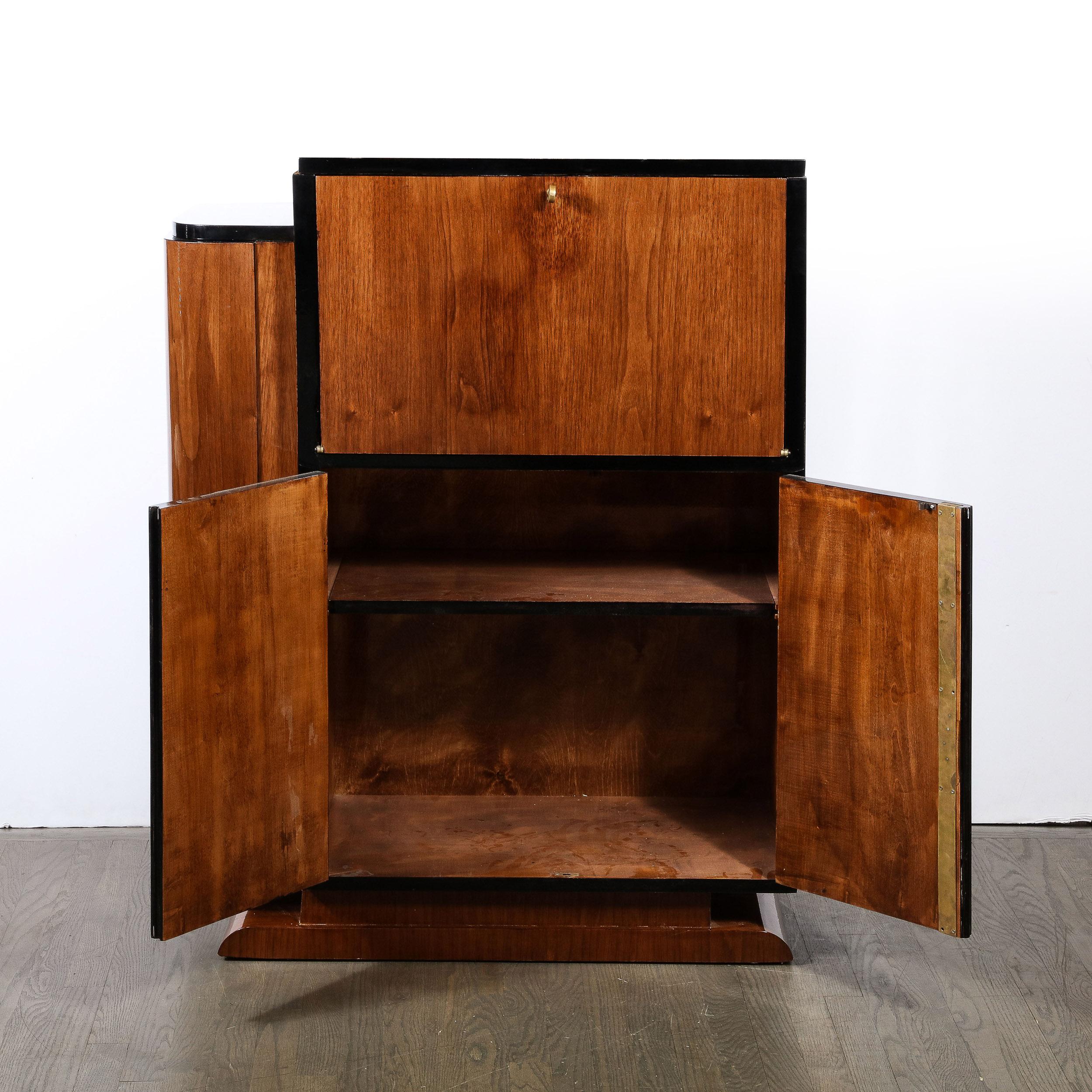 Mid-20th Century Art Deco  Bar Cabinet in Book-Matched Walnut with Black Lacquer Accents