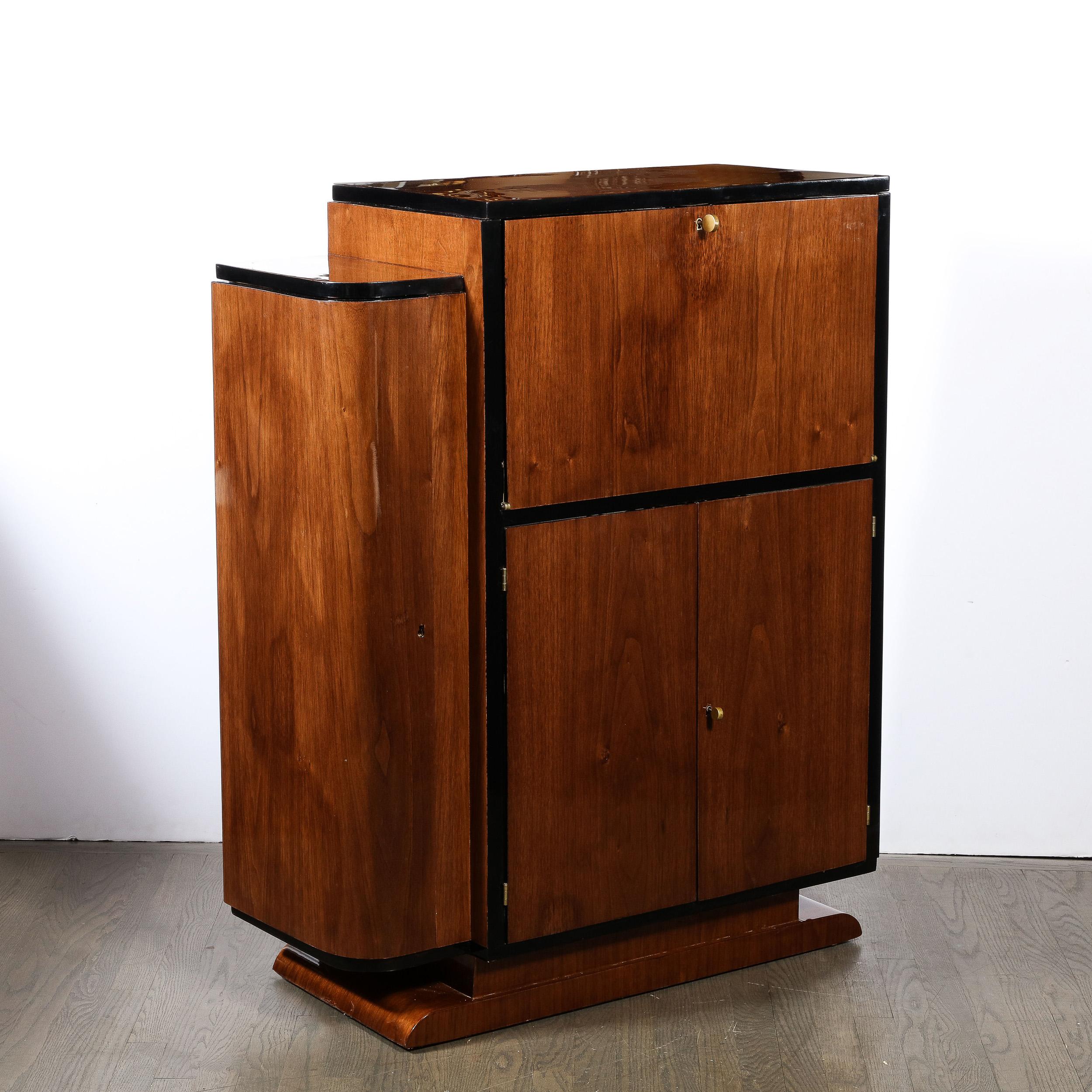 Art Deco  Bar Cabinet in Book-Matched Walnut with Black Lacquer Accents 4