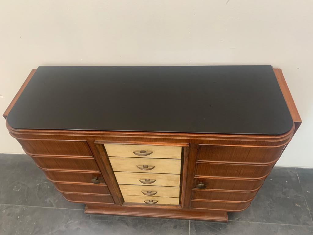 Art Deco Bar Cabinet in Rosewood and Parchment with Top in Black Glass For Sale 5