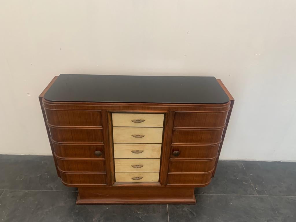 Art Deco Bar Cabinet in Rosewood and Parchment with Top in Black Glass In Good Condition For Sale In Montelabbate, PU