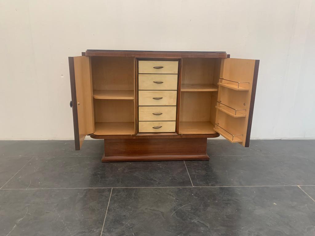 Mid-20th Century Art Deco Bar Cabinet in Rosewood and Parchment with Top in Black Glass For Sale
