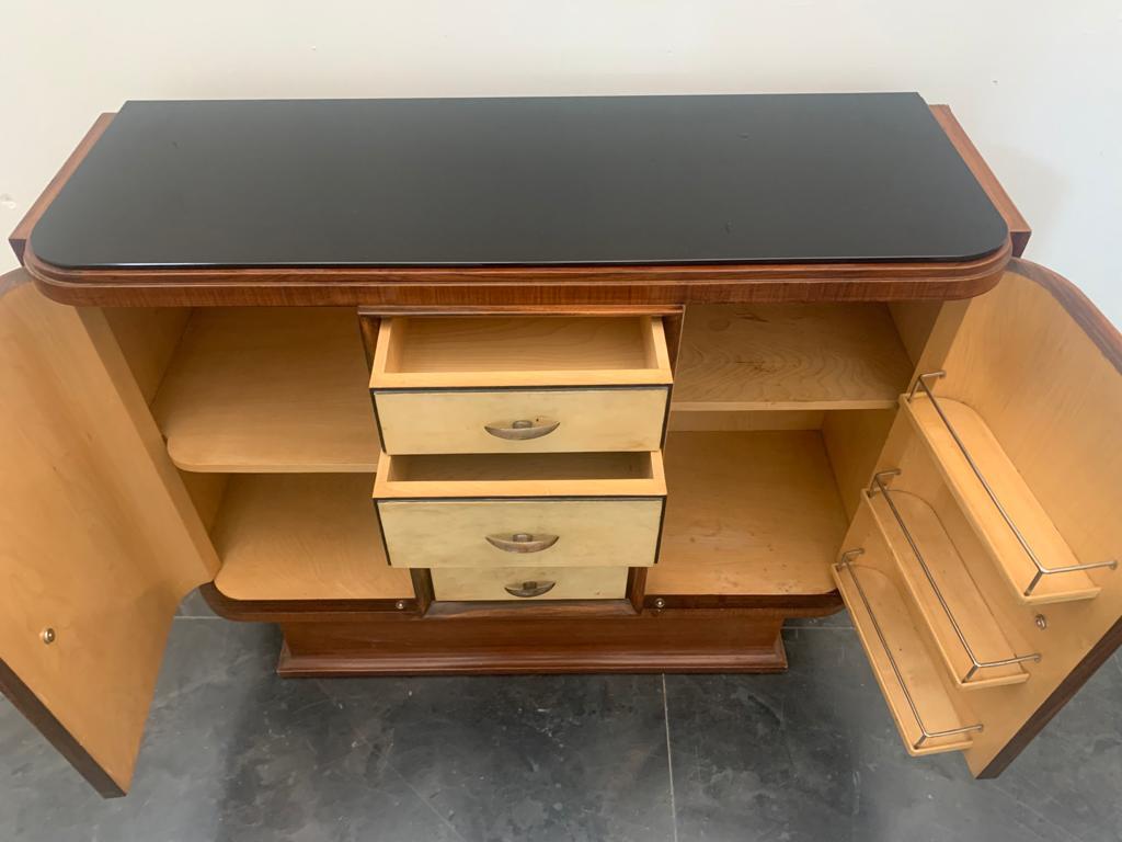 Art Deco Bar Cabinet in Rosewood and Parchment with Top in Black Glass For Sale 1