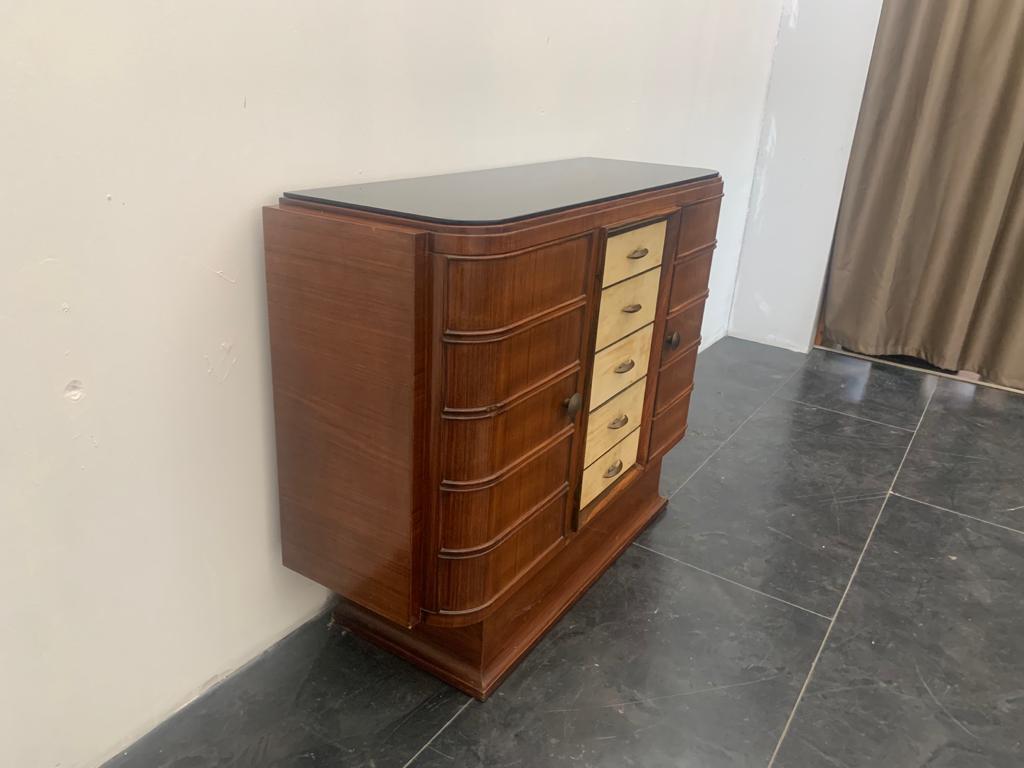 Art Deco Bar Cabinet in Rosewood and Parchment with Top in Black Glass For Sale 3