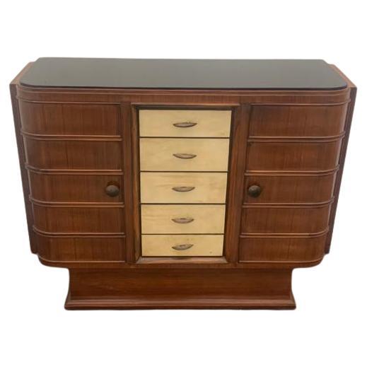 Art Deco Bar Cabinet in Rosewood and Parchment with Top in Black Glass For Sale