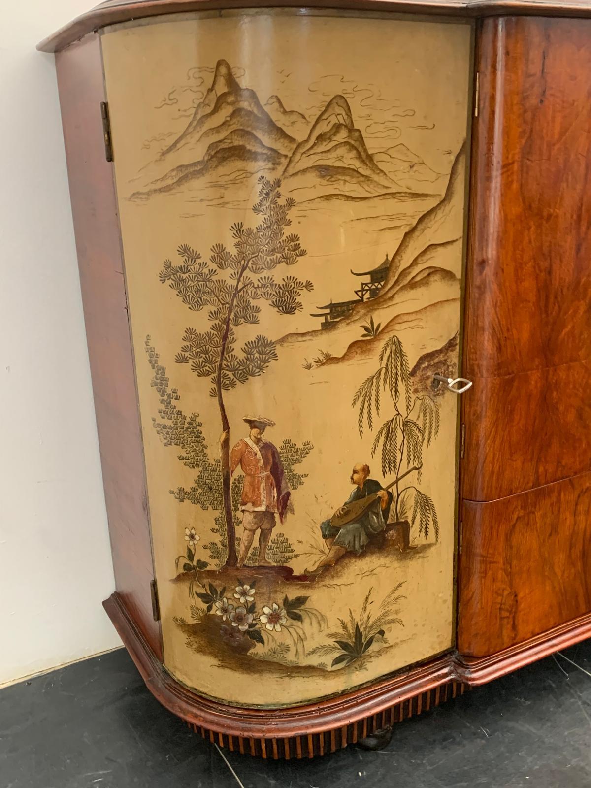 Mobile bar Art Déco in piuma di noce e lacca Chinoiserie, anni '30 in vendita 4