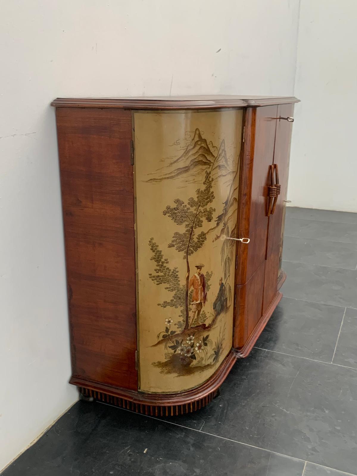 Mobile bar Art Déco in piuma di noce e lacca Chinoiserie, anni '30 in vendita 1