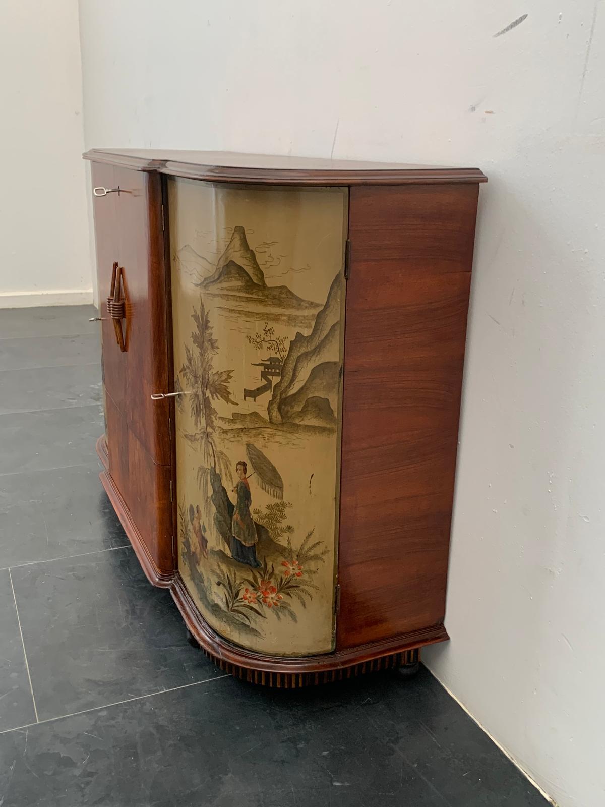 Mobile bar Art Déco in piuma di noce e lacca Chinoiserie, anni '30 in vendita 2
