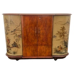 Art Deco Bar Cabinet in Walnut Feather and Chinoiserie Lacquer, 1930s